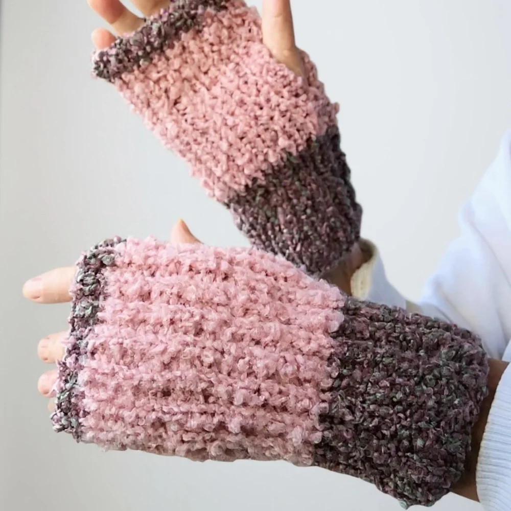Gloves Fingerless Pink Rose Hand Crafted Knit Soft Cozy Boucle